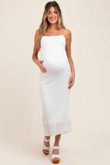 White Lace Fitted Sleeveless Maternity Midi Dress