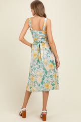 Green Floral Button Front Sash Tie Maternity Midi Dress