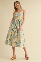 Green Floral Button Front Sash Tie Maternity Midi Dress
