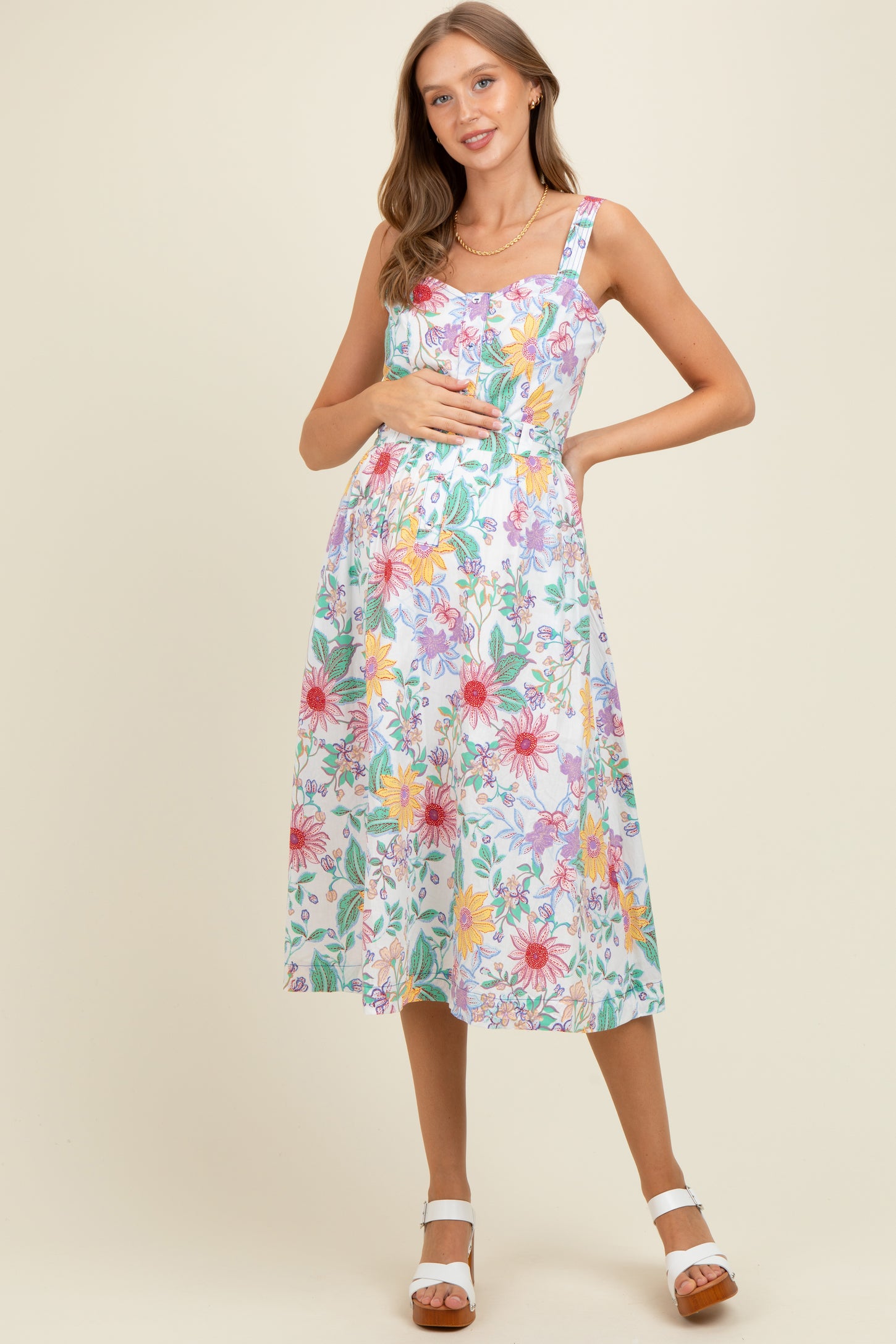 Ivory Floral Button Front Sash Tie Maternity Midi Dress