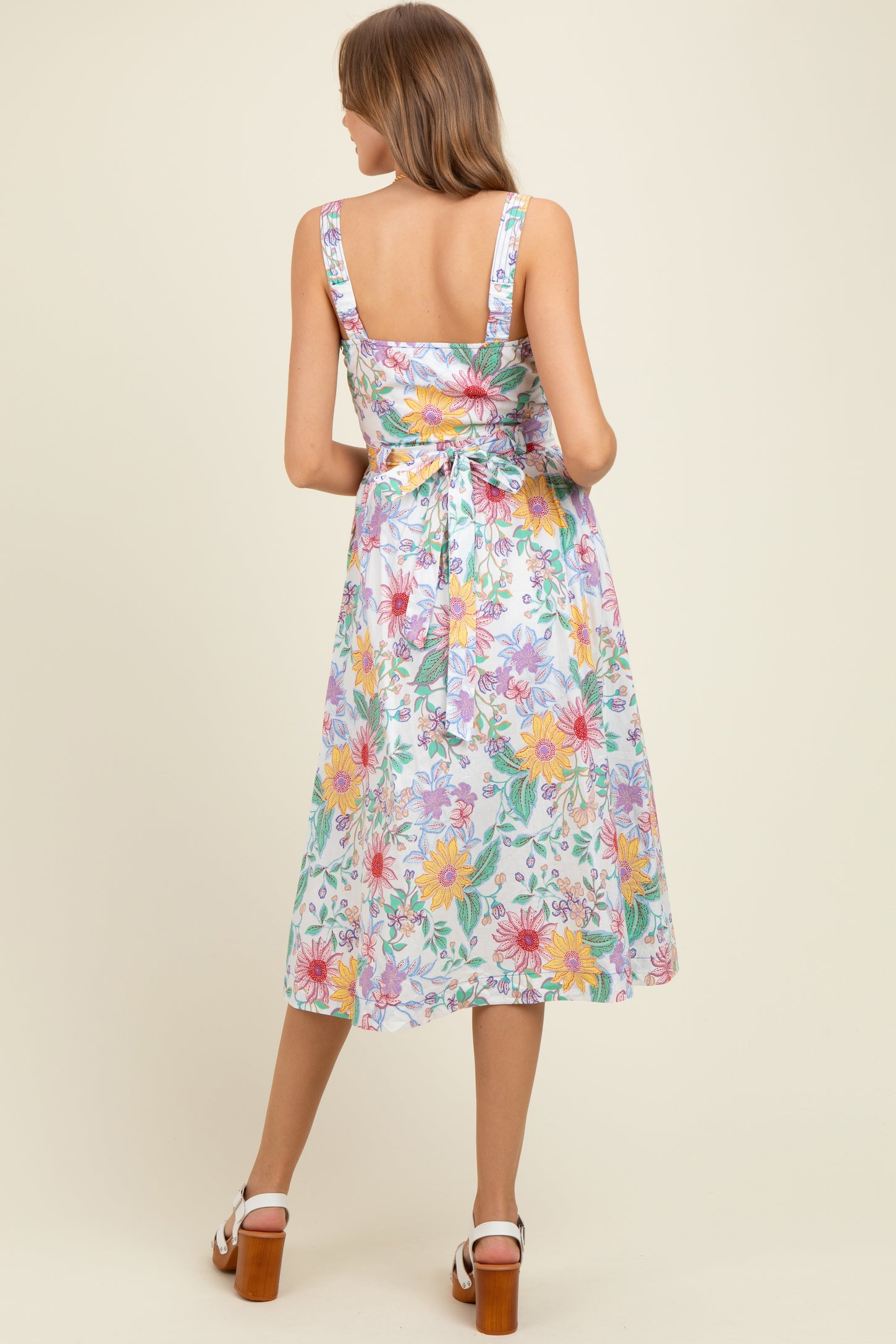 Ivory Floral Button Front Sash Tie Maternity Midi Dress