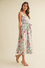Ivory Floral Button Front Sash Tie Midi Dress