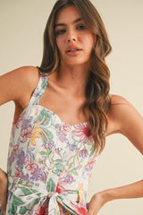 Ivory Floral Button Front Sash Tie Midi Dress