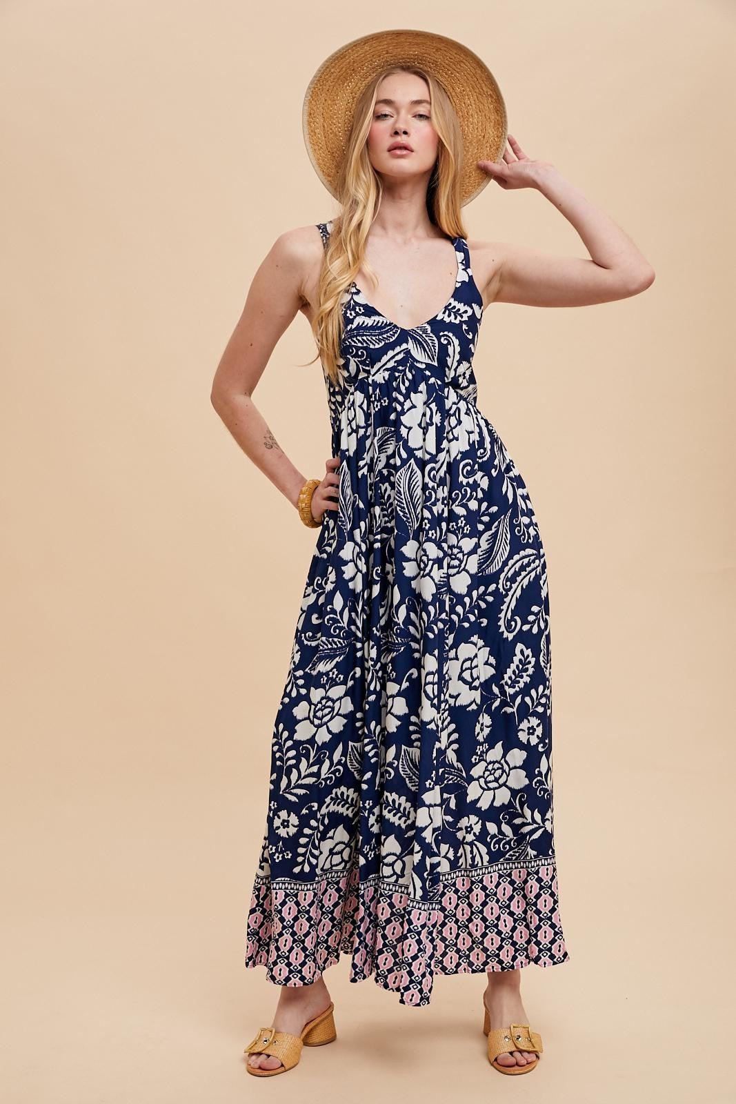 Navy Floral Crisscross Back Cutout Maternity Maxi Dress