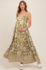Olive Floral Crisscross Back Cutout Maternity Maxi Dress