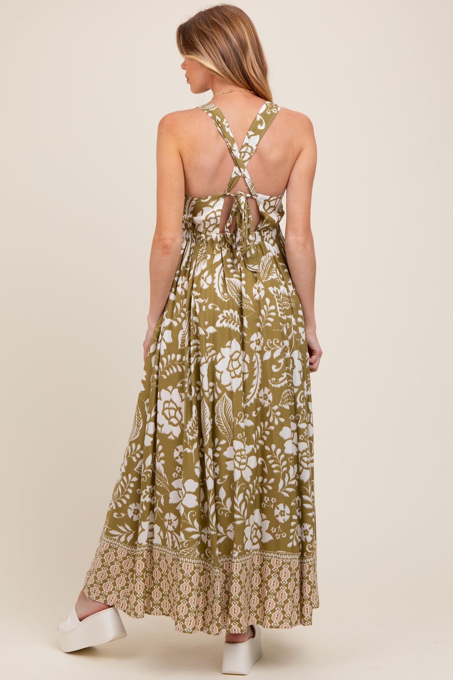 Olive Floral Crisscross Back Cutout Maternity Maxi Dress