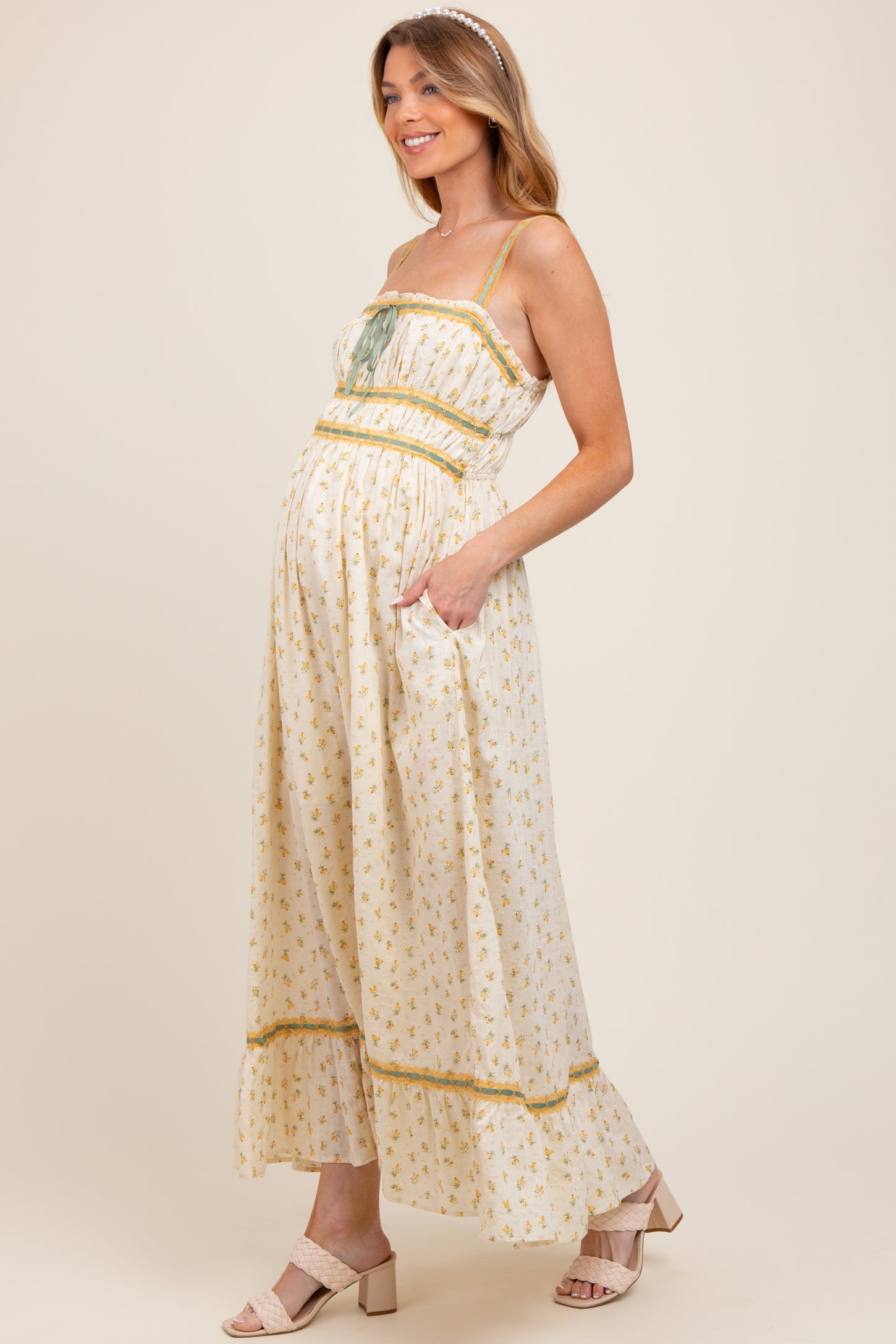 Yellow Floral Ribbon Detail Sleeveless Maternity Maxi Dress