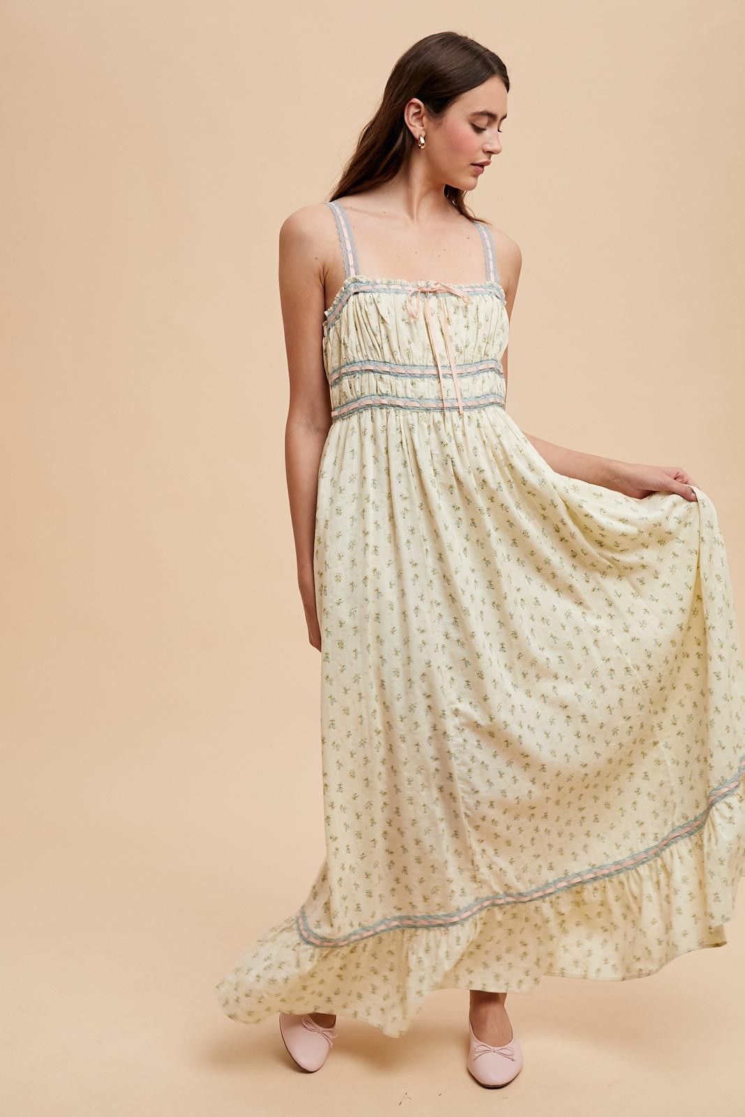 Blue Floral Ribbon Detail Sleeveless Maxi Dress