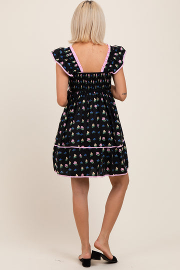 Black Floral Ruffle Strap Maternity Mini Dress