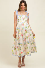 Cream Floral Shoulder Tie Scallop Trim Maternity Midi Dress