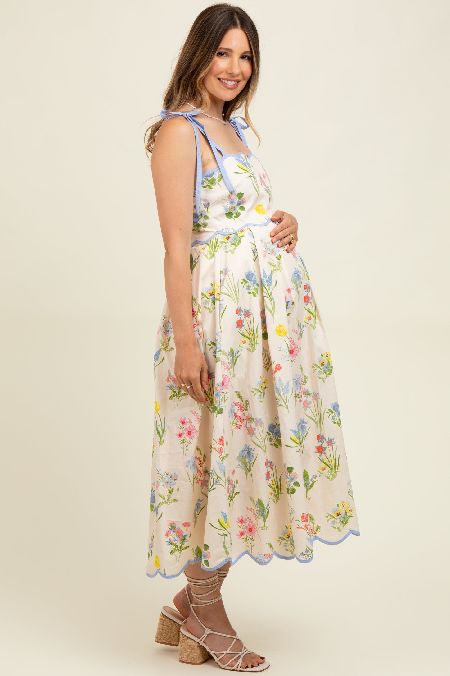 Cream Floral Shoulder Tie Scallop Trim Maternity Midi Dress