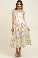 Cream Floral Shoulder Tie Scallop Trim Maternity Midi Dress