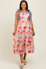 Red Floral Contrast Shoulder Tie Maternity Midi Dress