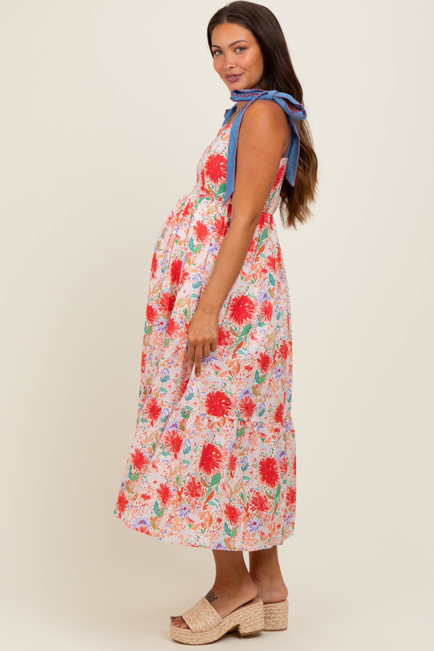 Red Floral Contrast Shoulder Tie Maternity Midi Dress