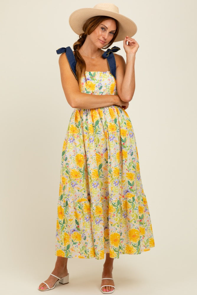 Yellow Floral Contrast Shoulder Tie Midi Dress