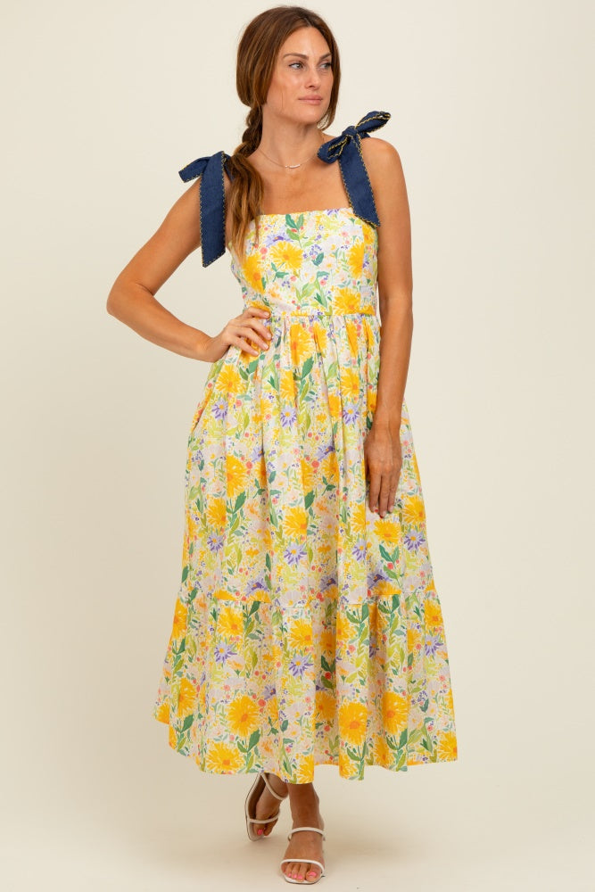 Yellow Floral Contrast Shoulder Tie Midi Dress  PinkBlush