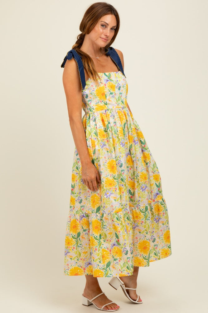 Yellow Floral Contrast Shoulder Tie Midi Dress