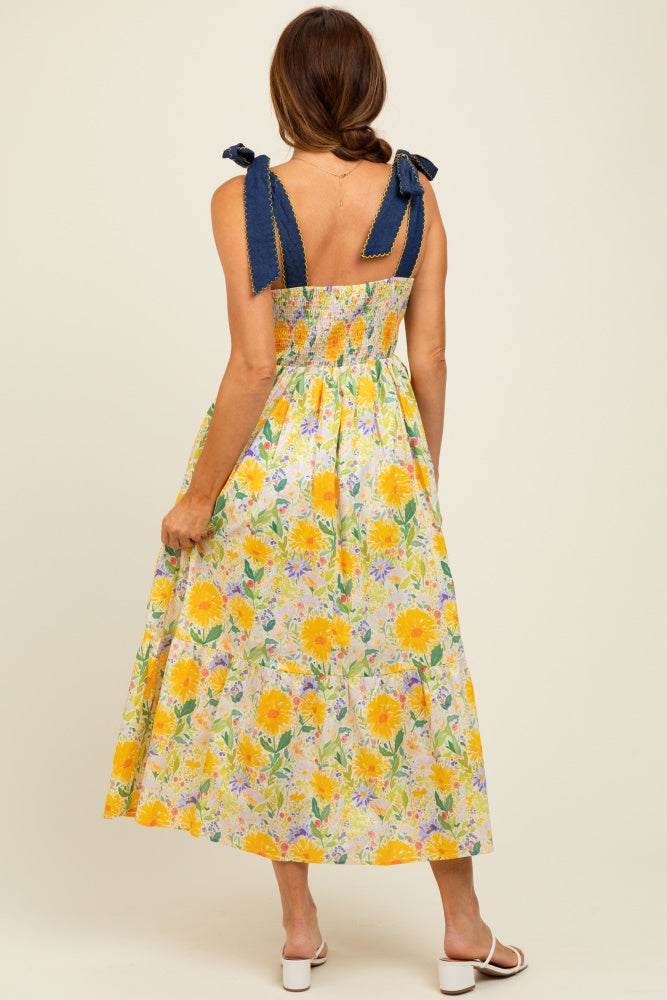 Yellow Floral Contrast Shoulder Tie Midi Dress