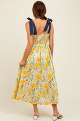 Yellow Floral Contrast Shoulder Tie Midi Dress