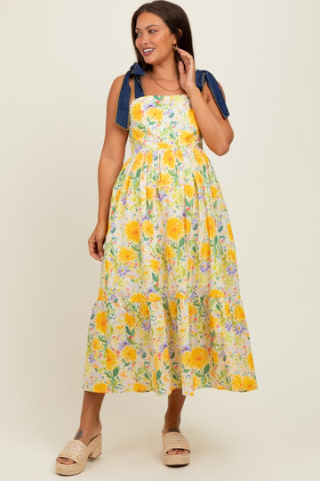 Yellow Floral Contrast Shoulder Tie Maternity Midi Dress