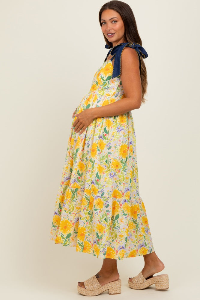 Yellow Floral Contrast Shoulder Tie Maternity Midi Dress