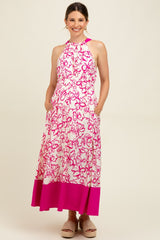 Fuchsia Floral Bow Tie Sleeveless Maternity Midi Dress