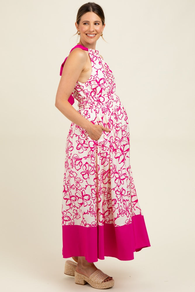 Fuchsia Floral Bow Tie Sleeveless Maternity Midi Dress
