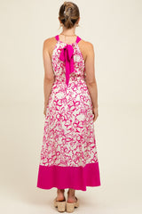 Fuchsia Floral Bow Tie Sleeveless Maternity Midi Dress