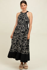 Black Floral Bow Tie Sleeveless Maternity Midi Dress