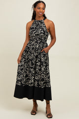 Black Floral Bow Tie Sleeveless Midi Dress