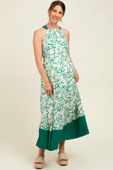 Green Floral Bow Tie Sleeveless Maternity Midi Dress