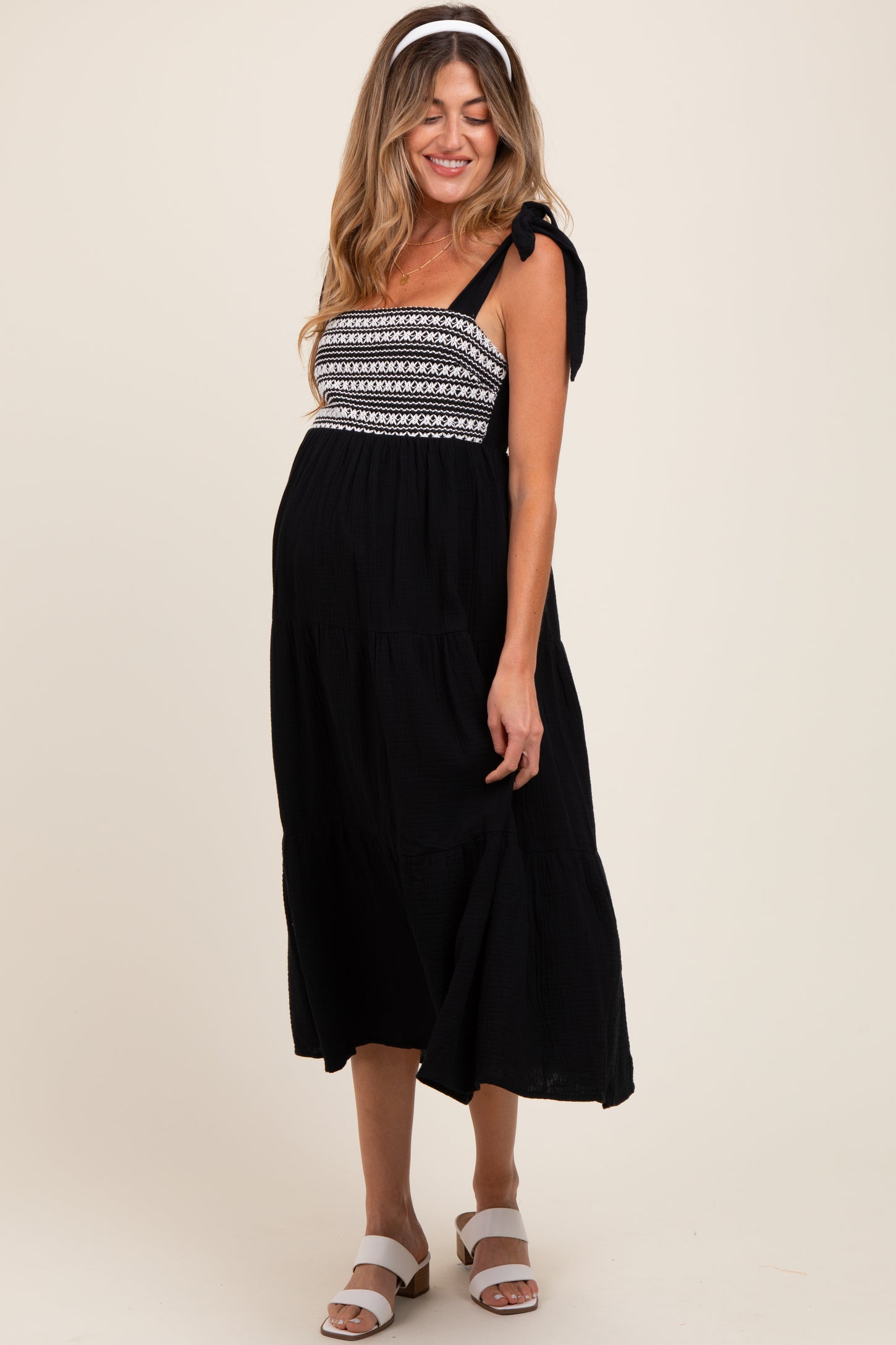 Black Crochet Bodice Shoulder Tie Tiered Maternity Midi Dress