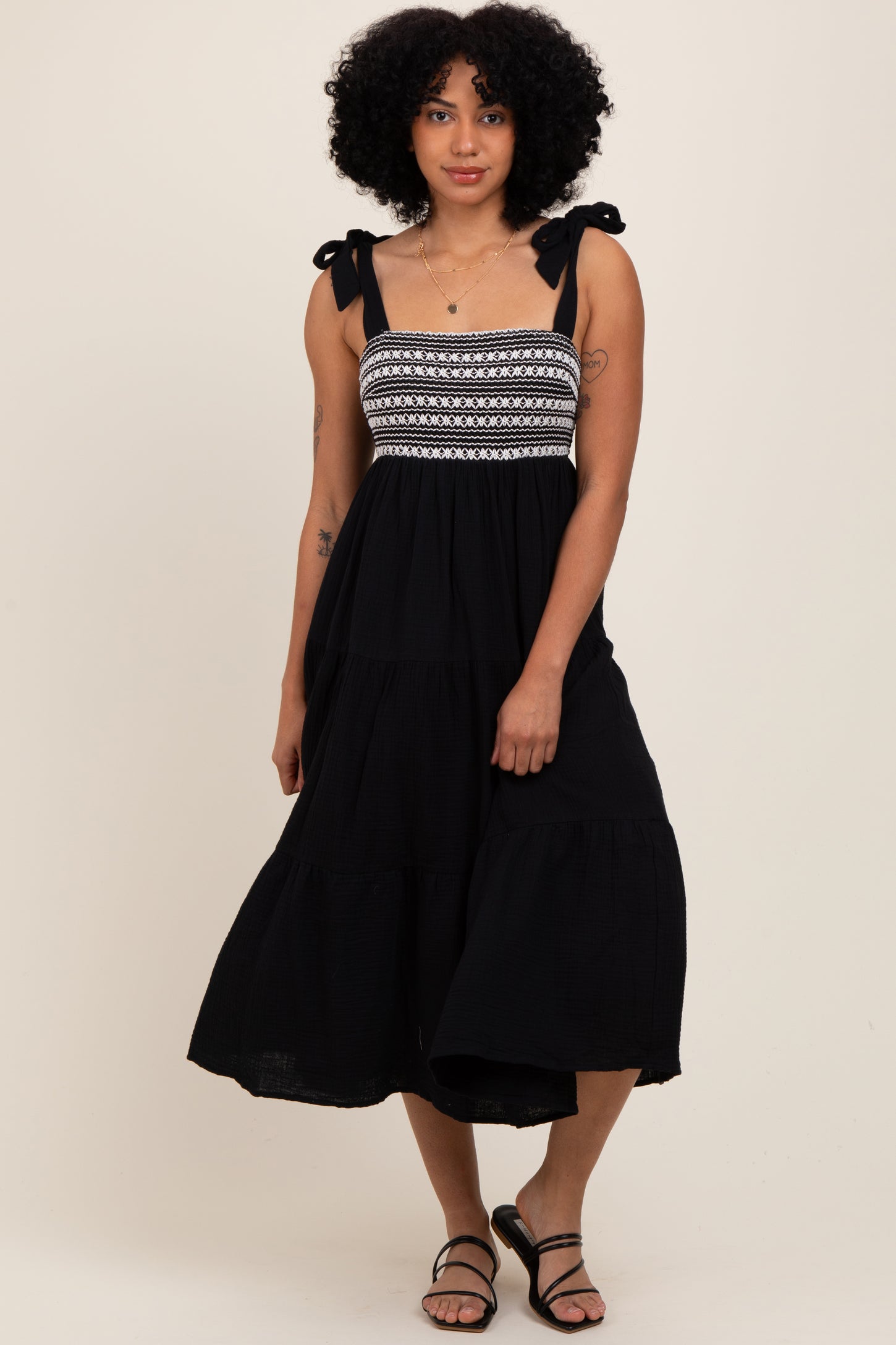 white christmas dresses Black Crochet Bodice Shoulder Tie Tiered Midi Dress – PinkBlush
