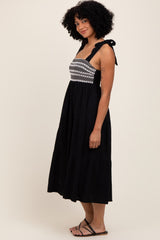 Black Crochet Bodice Shoulder Tie Tiered Midi Dress