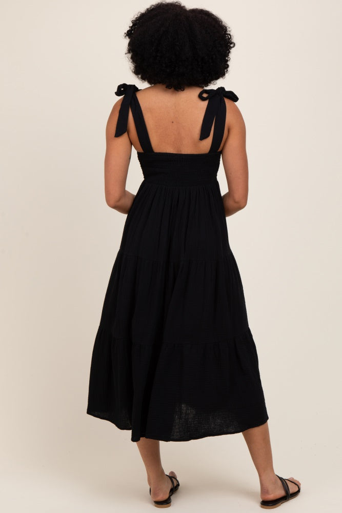 Black Crochet Bodice Shoulder Tie Tiered Midi Dress