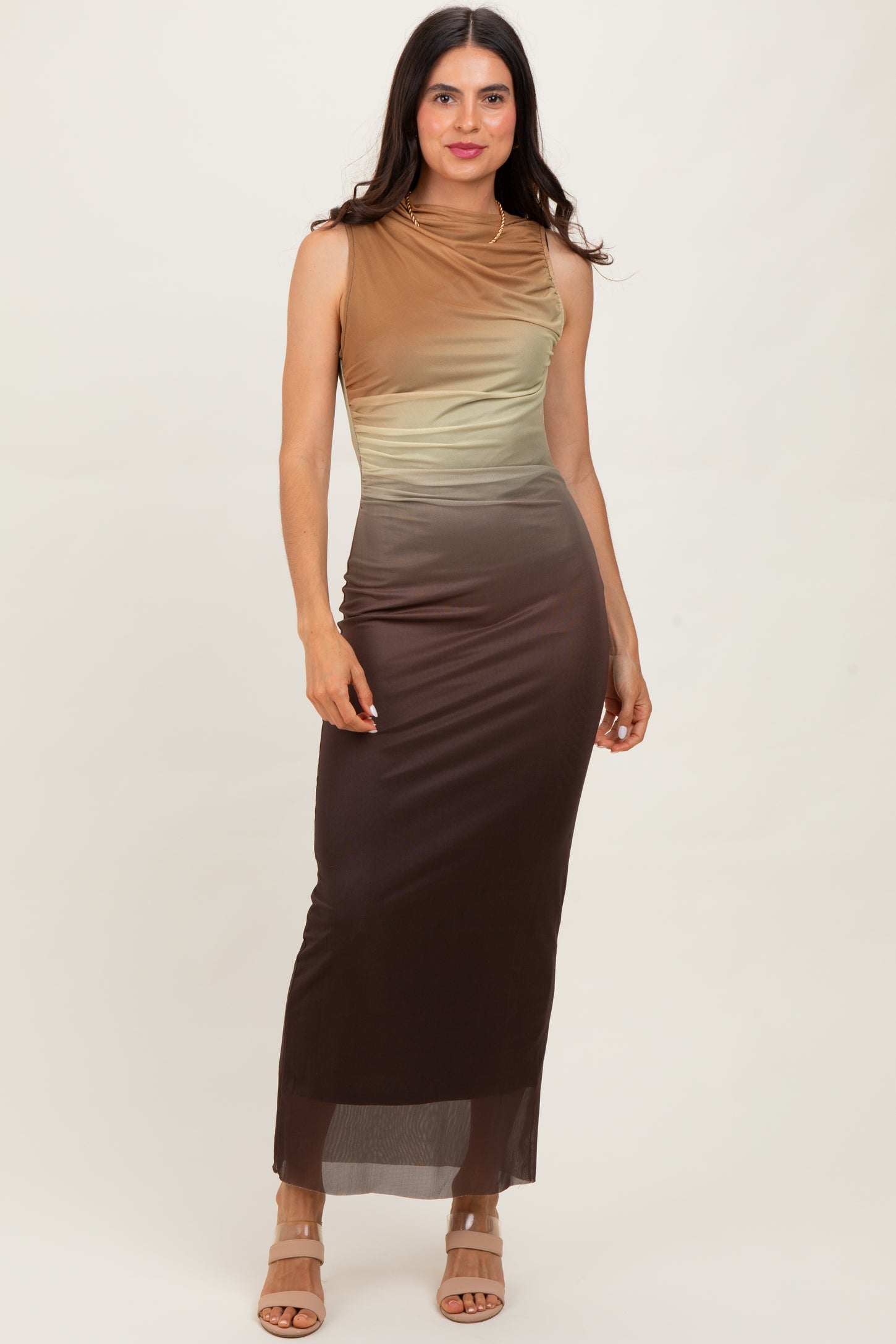 Brown Ombre Mesh Ruched Sleeveless Maternity Midi Dress