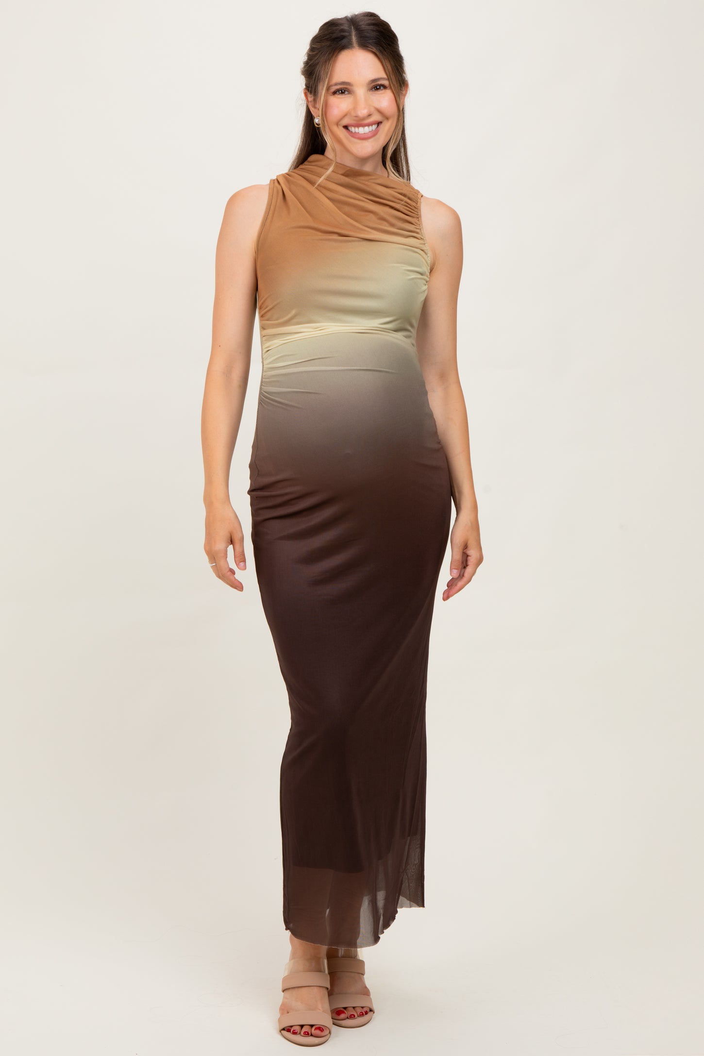 Brown Ombre Mesh Ruched Sleeveless Maternity Midi Dress
