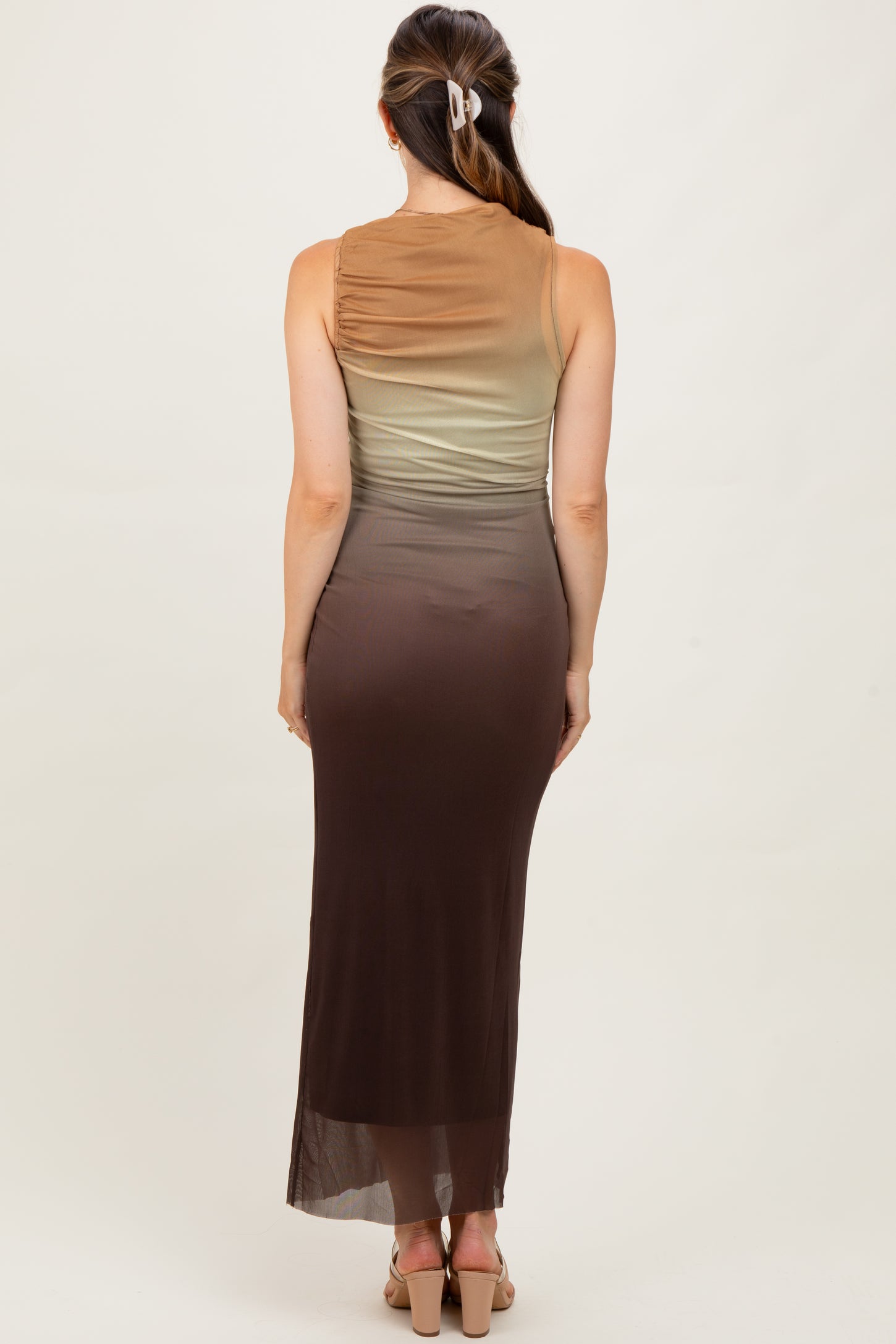 Brown Ombre Mesh Ruched Sleeveless Maternity Midi Dress