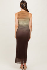 Brown Ombre Mesh Ruched Sleeveless Maternity Midi Dress