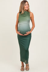 Forest Green Ombre Mesh Ruched Sleeveless Maternity Midi Dress
