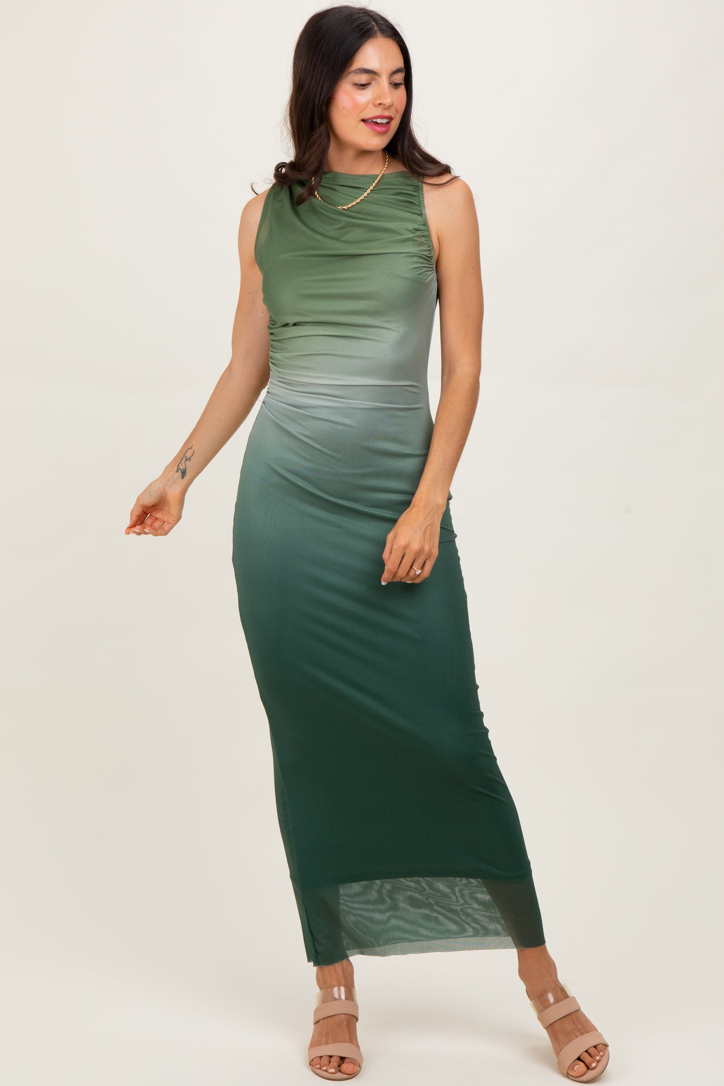 Forest Green Ombre Mesh Ruched Sleeveless Maternity Midi Dress PinkBlush Forest Green Ombre Mesh Ruched Sleeveless Maternity Midi Dress PinkBlush
