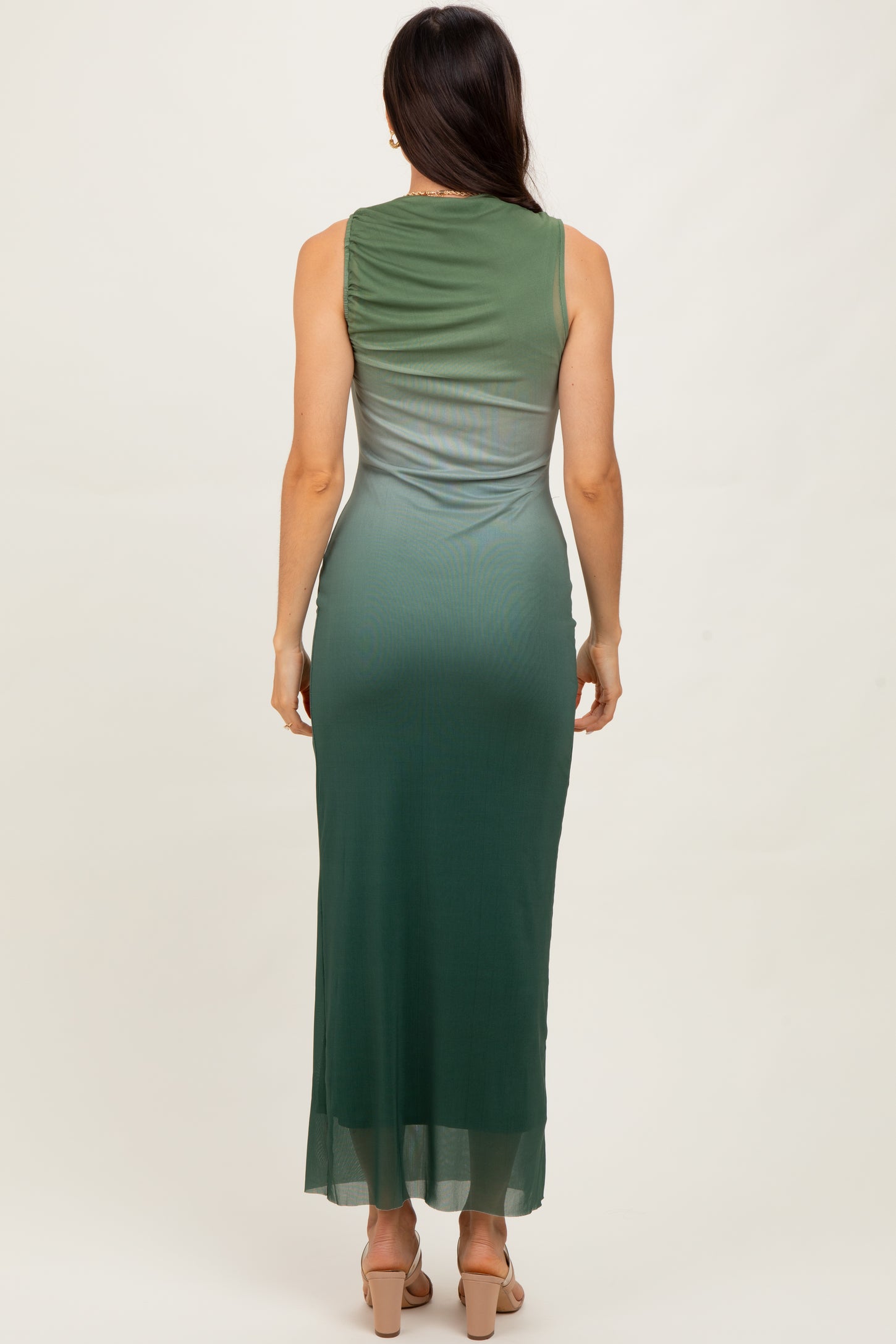 Forest Green Ombre Mesh Ruched Sleeveless Midi Dress