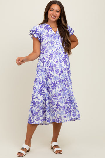 Lavender Floral Ruffle Sleeve Tiered Maternity Midi Dress