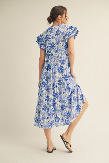 Blue Floral Ruffle Sleeve Tiered Midi Dress