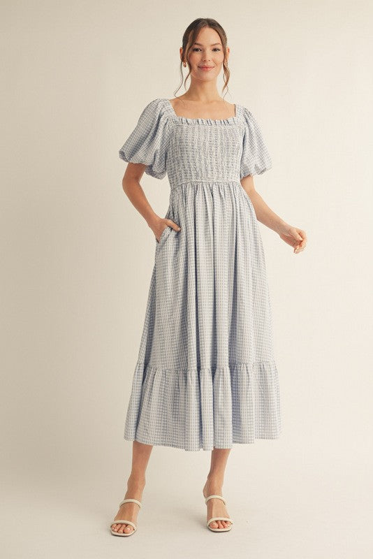 Light Blue Gingham Smocked Puff Sleeve Midi Dress