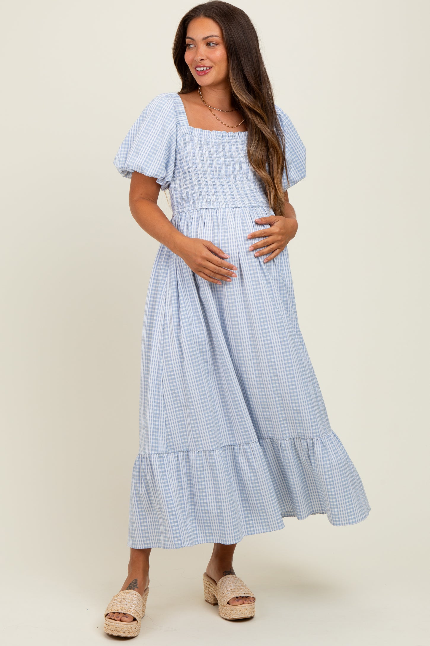 Light Blue Gingham Smocked Puff Sleeve Maternity Midi Dress – PinkBlush