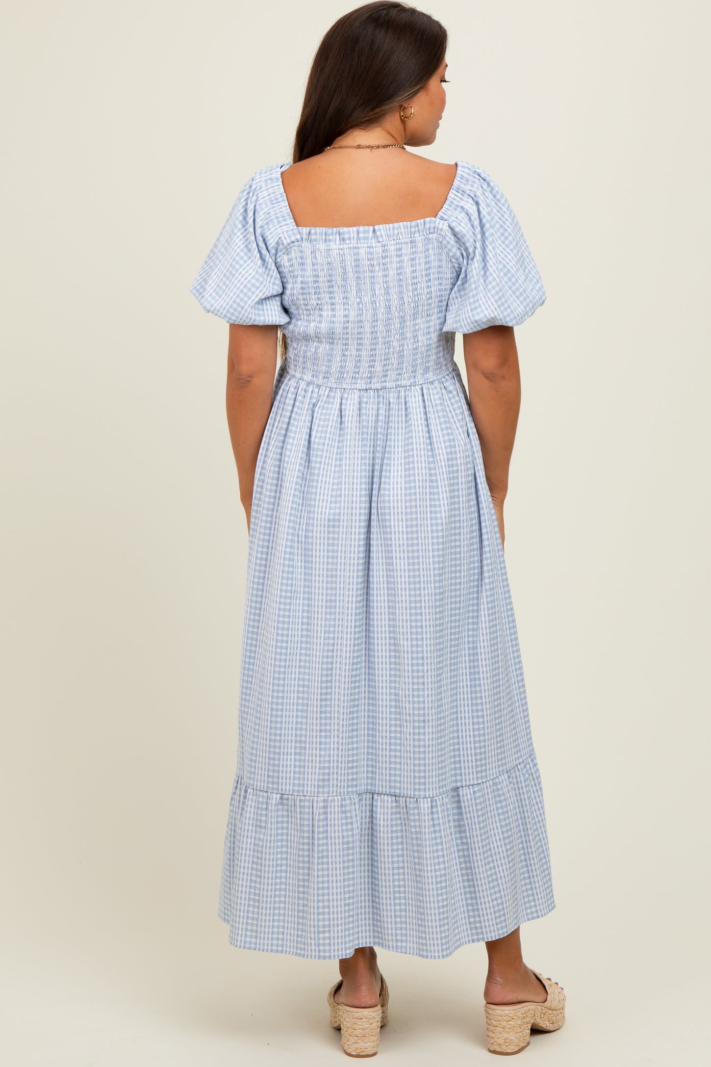 blue gingham puff sleeve dress The Children's Place Womens Mommy And Me Gingham Poplin Smocked Tiered Dress | Size 2XL | Blue