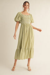 Light Olive Gingham Smocked Puff Sleeve Maternity Midi Dress