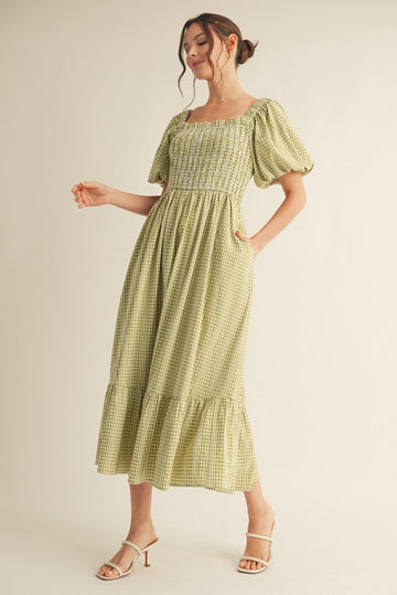 Light Olive Gingham Smocked Puff Sleeve Midi Dress