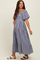 Navy Gingham Smocked Puff Sleeve Maternity Midi Dress